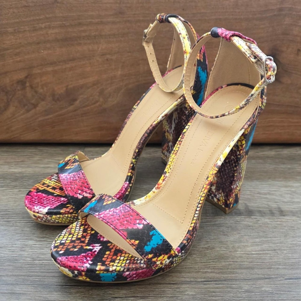 Wild Diva Lounge Rainbow Snake Print Block Heel Sandals Womens 7.5 Multicolor